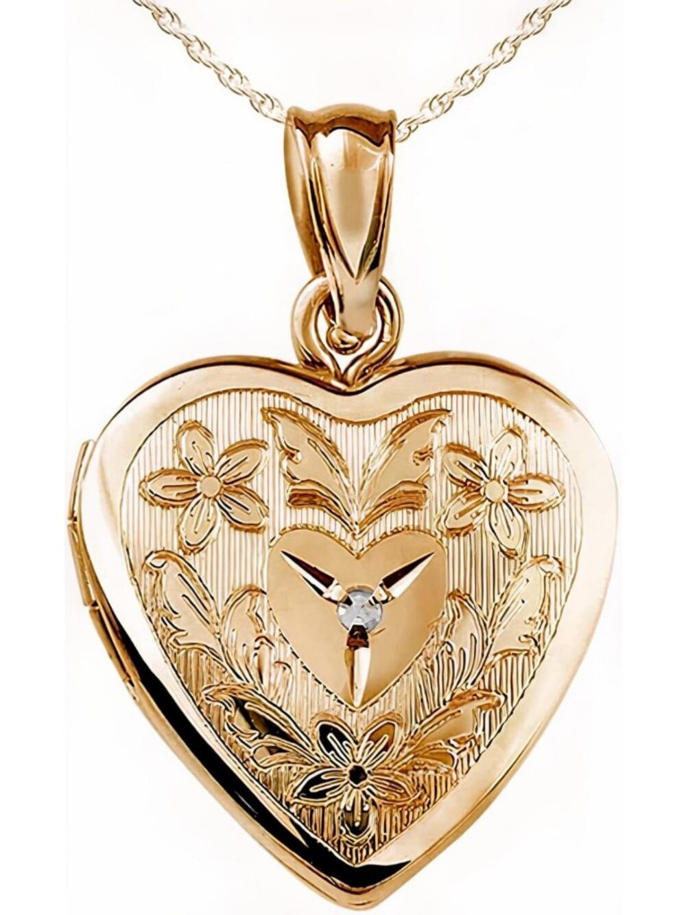 14K Gold Filled Floral Heart Photo Locket with Diamond & 18" Chain - Elegant